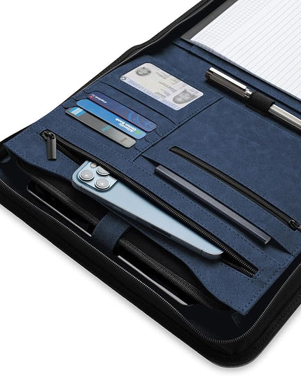Forevermore Portfolios Padfolio Binder - Professional Faux Leather Travel Organizer Pouch for Tablet, Documents, Presentation Folders, Zipper Closure, Notepad - Blue
