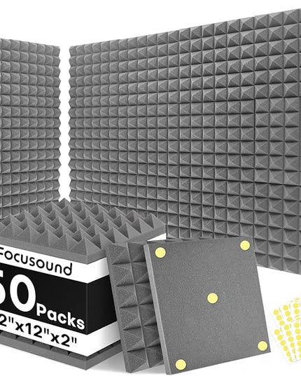 Focusound Grey Acoustic Panels 50 Pack 2"x12"x12" with 300 PCS Double-Side Adhesive - Sound Proof Pyramid Foam for Walls, Home Studio Noise Absorption & Echo Control Kit