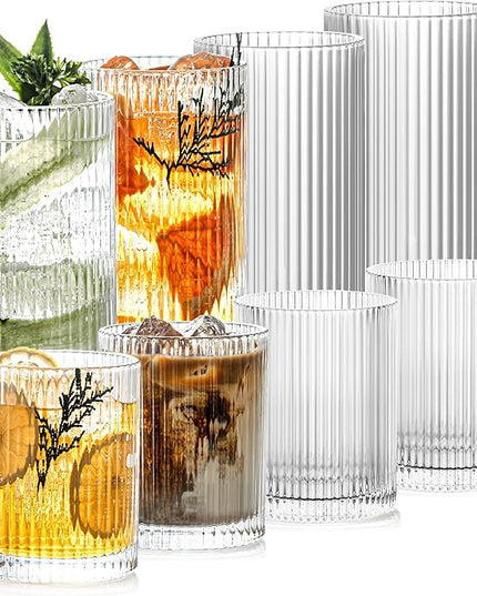Set of 8 Ribbed Glassware, 4 Large Glasses 13 oz, 4 Rocks Glass Cups 10 oz