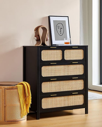 LEVNARY 4 Drawer Dresser Set of 2, Rattan Dressers Storage Cabinet with Metal Handles, Wooden Chest of Drawers Dresser for Bedroom, Entryway, Living Room, Hallway (2, Black)