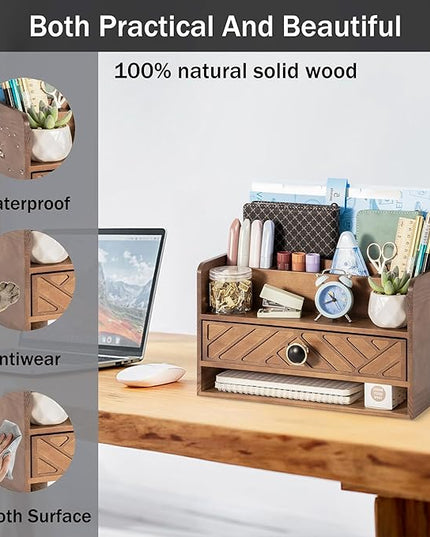 Brown Wood Desk Organizer and Accessories with Drawer, Bill Mail Organizer and File Mail Holder for Office Supplies, Desk Accessories & Workspace Organizers
