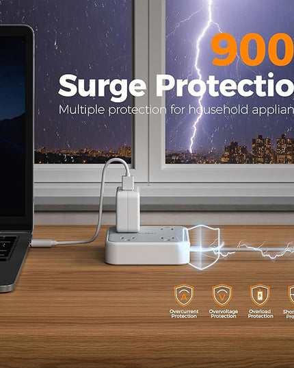 Surge Protector Long Extension Cord 25FT, TESSAN Flat Plug Power Strip with 4 Outlets 3 USB Ports (1 USB C), 900 Joules Protection, Multiple Wall Outlet Extender Suitable for Home Office Dorm, Grey