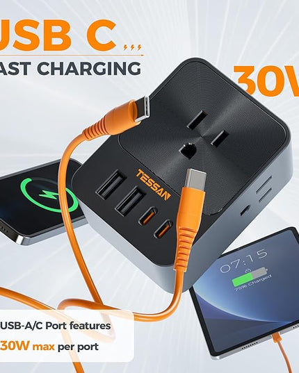 30W Wall Charger, TESSAN Fast Charging Multi Plug Adapter with 3 Outlet Extender Surge Protector, Multiple Plug with 4 USB Block Power Delivery (2 USB C Ports) for Home Office Essentials