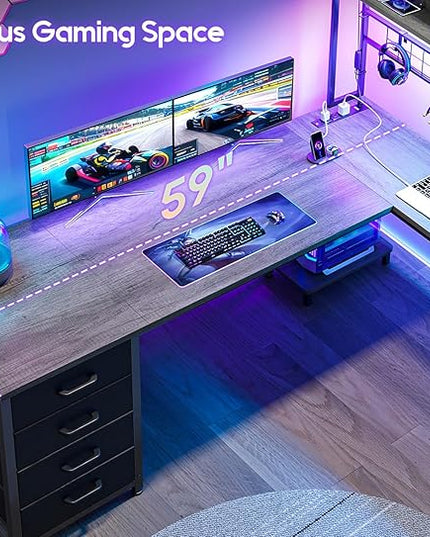 AODK L Shaped Gaming Desk with Hutch, 59" Computer Desk with 4 Drawers & Storage Shelves, Reversible Corner Desk with LED Light & Power Outlets, Gamer Table for for Home Office, Gray Oak