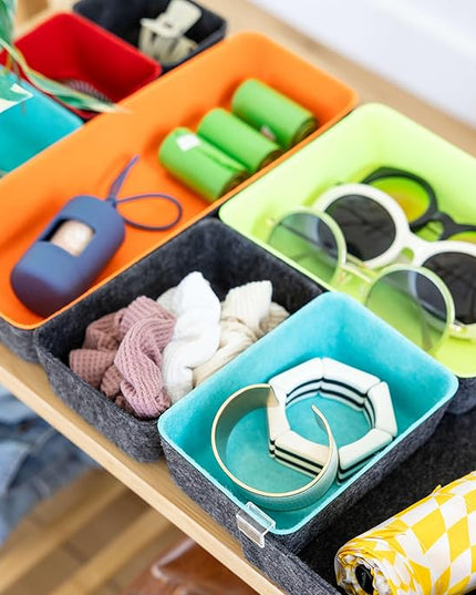 Three by Three Seattle Felt·Like·It! Felt Bins for Office, Crafts, Classroom, Living Room, Bedroom: Includes Expandable Sliding Bin for Custom Fit, Multicolor, Set of 8