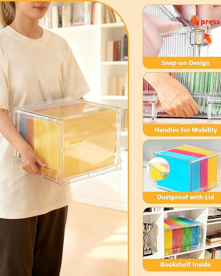 File Organizer Box with Lid,Hanging Filing Folder Organizer for Document Storage with Plastic Slide,Letter-size File Holder Filing Box for Office/Home/Decor/（2Pack）