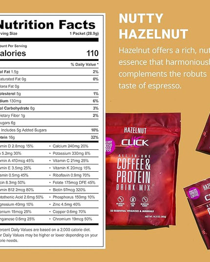 Click Coffee Protein Powder | Double Shot Espresso | 16g Protein | 23 Essential Vitamins | Low Calorie Meal Replacement | 150mg Caffeine | Gluten Free | No Artificial Flavors or Colors | Hazelnut