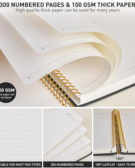 B5 Spiral Notebook Journal 7.6” x 10”, 300 Numbered Pages Hardcover Leather Journals for Women Men, Large Lined College Ruled Notebooks, 100GSM Thick Paper, Spiral Bound Journal for Work School, Black