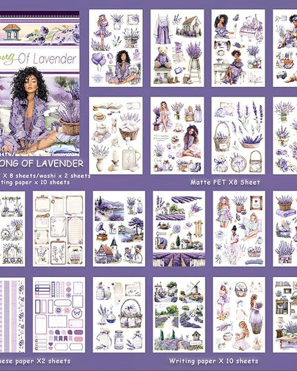 Snycler Sticker Book - 20 Sheets Vintage PET Stickers for Scrapbooking, Junk Journaling, Ephemera, and Decorative Crafts-Song of Lavender