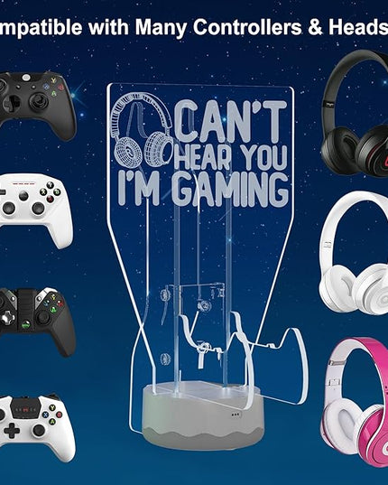 Light Up Headset and Controller Stand, 16 Colors 3D LED Lights Gamepad Headphone Holder with Remote Control, Game Controller Hanger for All Universal Gaming PC Accessories