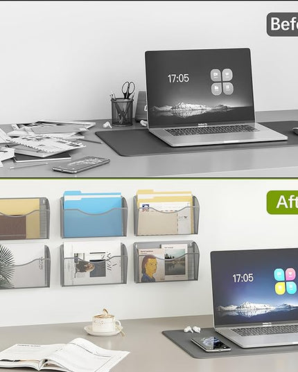 EasyPAG 6 Single Pocket Wall File Organizer, Mesh Hanging File Folder Organizer for Letter/A4 Size Folders, Wall Mounted Vertical Mail Holder for Paperwork, Office, Home, School, Silver