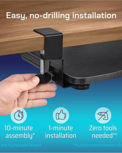 Keyboard Tray | Under Desk Keyboard Tray Slide Out w/Adjustable C-Clamps for Desks Up to 1.5-Inch-Thick | Clamp On Drawer with 1x USB-C to 4 USB-A Hub and 1x Five-Cable Management Organizer