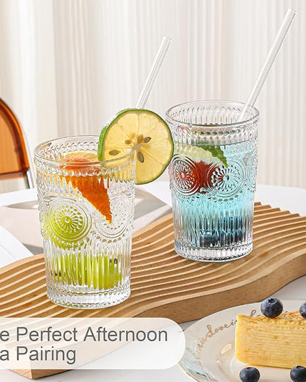Vintage Glassware Drinking Glasses Set of 6,13 oz Clear Textured Flower Design Glass Water Tumblers，Embossed Striped Drinkware for Water,Cocktails,Juice,Iced Coffee