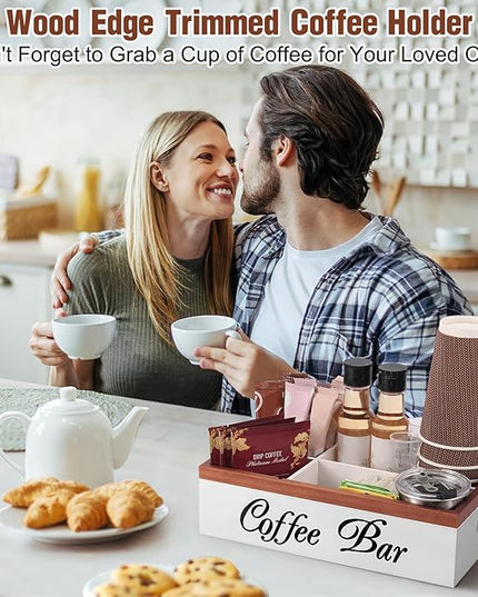 Wooden Coffee Organizer Holder with Divided Sections & Cutout Handle, Farmhouse Coffee Bar Organizer for Pods, Cups, Lids, Syrups, Stirrers & Accessories – Ideal Gift for Home or Office-White