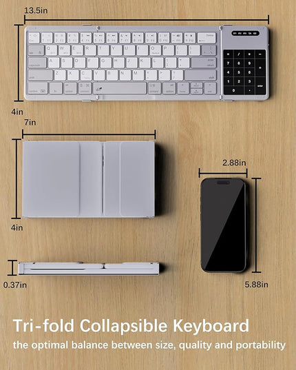 Nillkin Upgraded Foldable Bluetooth Keyboard with Touchpad & Number Pad, Portable Wireless Keyboard for Travel, Pocket-Sized, Full Size Keys, Support 3 Devices for iPad Laptop Tablets Phone, Gray