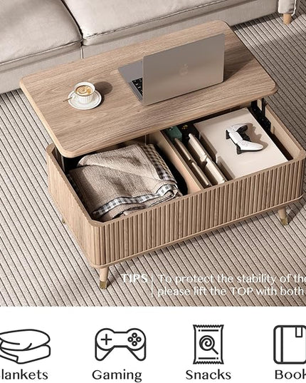 JOINICE Lift Top Coffee Table with Storage,Natural Wood Center Table for Living Room, Modern Farmhouse Oak Fluted Design,Pop-Up Desk for Work & Dining