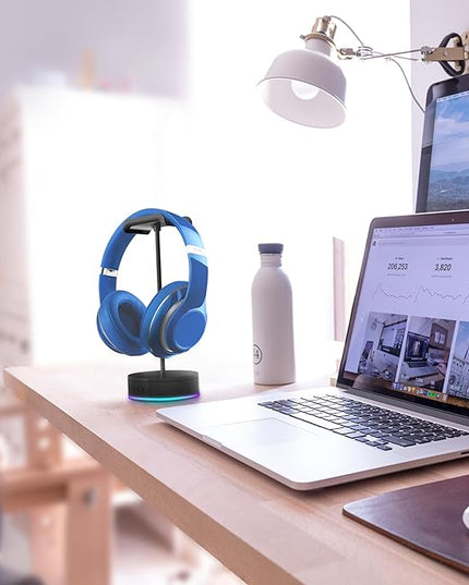 Rotating Headphone Display Stand for Desk with LED Lights - Spinning Gaming Headset Stand (Black)