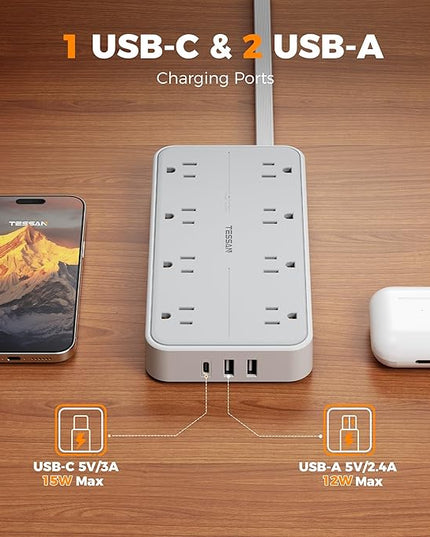 TESSAN Flat Plug Extension Cord 6 FT, Surge Protector Power Strip with 8 AC Outlets 3 USB (1 USB C), 1080 Joules, 1875W 15A, Multiple Wall Outlet Extender Station for Home Office School Dorm