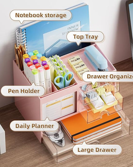 Marbrasse Desk Organizer with 3 Drawer, Multi-Functional Pencil Pen Holder for Desk, Desk Organizers and Accessories with 4 Compartments, Desktop Organizer Storage for Office Home Art Supplies (Pink)