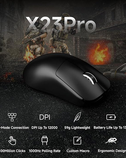 EWEADN X23Pro Wireless Gaming Mouse, PAW3311 Sensor, 49g Lightweight Mouse, 12000 DPI, 2.4G/BT5.0/USB-C Rechargeable Wireless Mouses with 6 Programmable Buttons for Laptop/PC/Mac, Black