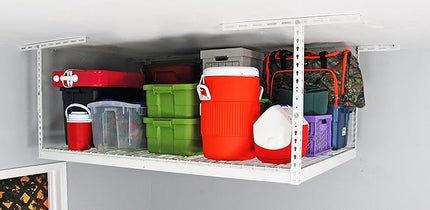 MonsterRax Overhead Garage Storage Racks 4x6, Ceiling Mounted Shelving, Adjustable Hanging Storage Organizer, Heavy Duty Steel, Holds 500 Pounds, Color: White, Adjusts 12"-21” off Ceiling