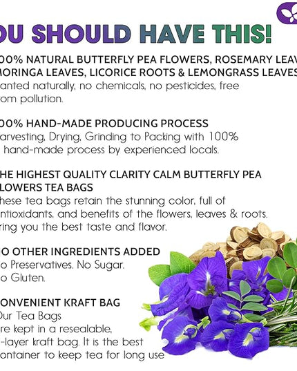 FreshDrinkUS, Clarity Calm Butterfly Pea Flower Tea – 60 Tea Bags Herbal Blend of Butterfly Pea Flower, Rosemary, Moringa, Lemongrass & Licorice Root – Caffeine-Free. Sugar-Free. Gluten-Free. Vegan
