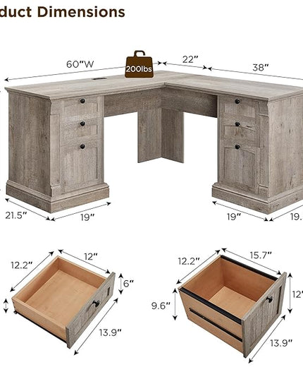 OKD 60" L Shaped Executive Desk with Drawers, Farmhouse Home Office Desk with Charging Station, File Cabinet Storage, Wood Corner Computer Desk for Work and Study, Light Rustic Oak