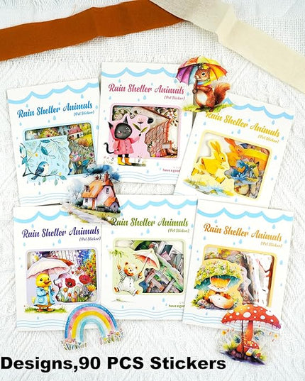 AuriicLeaf Rain Shelter Animals PET Stickers – 90PCS Whimsical Stickers with Watercolor Animal Designs for Scrapbook, Journal, DIY Crafts, Waterproof