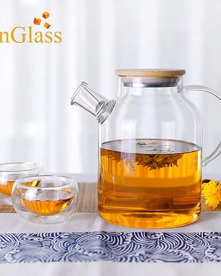 CnGlass Glass Teapot Stovetop Safe,50.7oz Clear Glass Pitcher with Removable Filter Spout for Loose Leaf and Blooming Teabag
