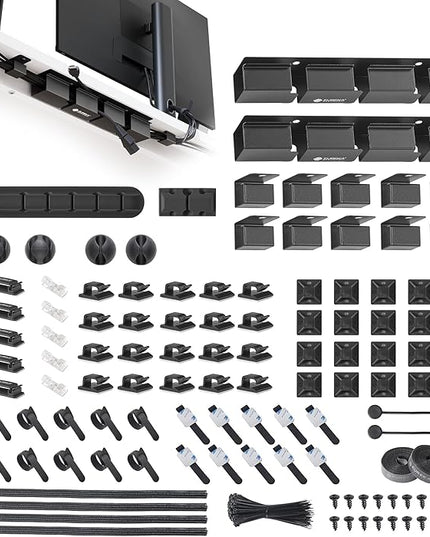 EUREKA ERGONOMIC 316 PCS Cable Management Organizer Kit Cable Raceways, 6 Cable Holder, 4 Cord Sleeve, 60 Wire Clips,2 Roll Self Adhesive Wire Ties, 100 Zip Ties for Office Home Under PC Desk, Black