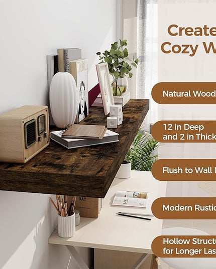 Floating Shelves 48 Inch Long, 12 Inch Deep Floating Shelves for Wall, 48 x 12 Large Wall Shelves for Home Storage & Display, 2" Thicked Floating Shelf for Bedroom, Living Room, Rustic Brown, 1 Pack