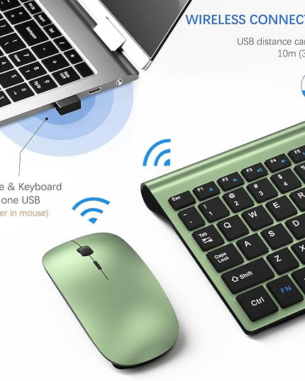 Wireless Keyboard and Mouse Ultra Slim Combo, TopMate 2.4G Silent Compact USB 2400DPI Mouse and Scissor Switch Keyboard Set with Cover, Batteries Included, for PC/Laptop/Windows/Mac - Green Black