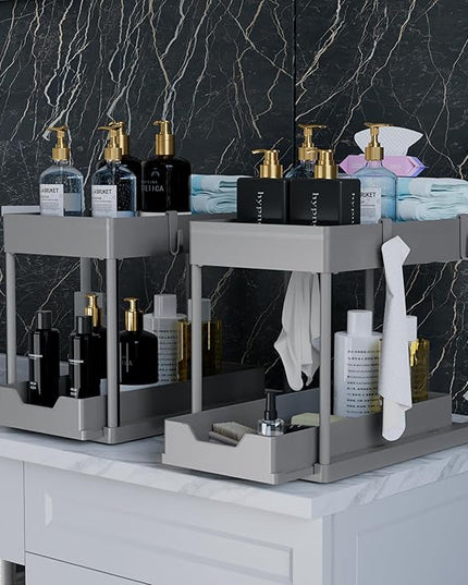 DEKAVA Under Sink Organizer 2 Pack，Bathroom Cabinet Organizer，2 Tier Sliding Cabinet Basket Organizer Drawer, Multi-Purpose Bath Collection Baskets for Bathroom (Grey)
