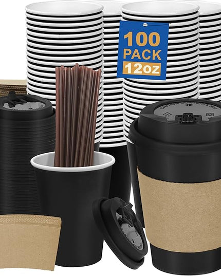 Coolcap 12 oz 100 Pack Coffee Cups with Lids and Sleeves, Straws, Hot Disposable To Go Travel Paper Cups Bulk for Office, Home Coffee Bar Accessories, Chocolate, Cocoa, Beverage (Black)