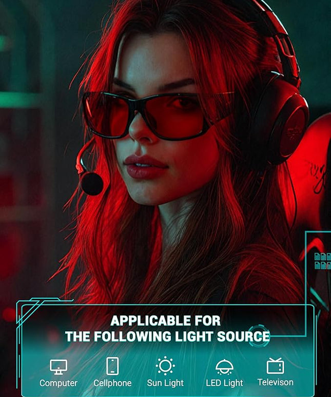 TIJN Sonia Sleep Glasses for Blue & Green Light Blocking,Red Lens with Dual AR Coating,Wraparound Frame for Gaming Screen