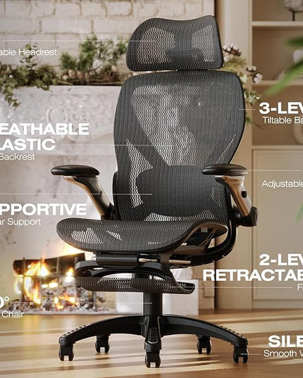 ELABEST X100 Ergonomic Mesh Office Chair with Footrest, Big and Tall Hone Desk Chair with 5D Flip-Up Arms, Adjustable 3D Lumbar Support,Gaming & Executive Computer Chairs for Long Hours(Midnight Mist)