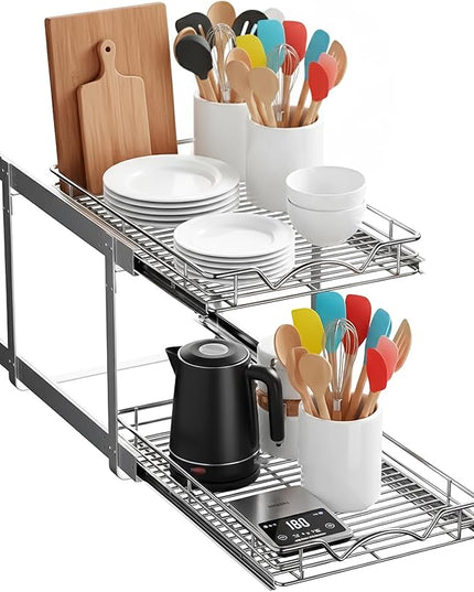 HOLDN’ STORAGE Two Tier Pull Out Cabinet Organizer, Individual Sliding Drawers - Heavy Duty Metal with Lifetime Limited Warranty - Anti Rust Chrome Finish - 14" W x 21”D x 16.5" H