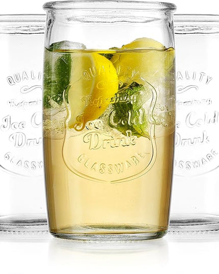 Glaver's Drinking Glasses Set of 4, Vintage Italian Style – Elegant 20 Oz Clear Tumbler Glassware Set– Genuine Artisan-Made for, Refreshing Drinks, Beverages, Cocktails.