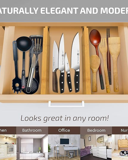 4 Pack Drawer Divider - Bamboo 2.6" High, 12.5-17" Adjustable Drawer Organizers for Clothes, Expandable Dresser Separators in Bedroom, Bathroom, Kitchen, Office Organization and Storage
