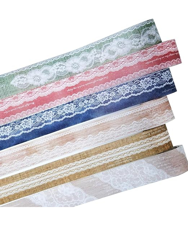 AuriicLeaf Lace Pattern Washi Tape Set, 6 Rolls Japanese Paper Decorative Stickers with 1 Clip, Lace Fabric for Scrapbooking, Journaling, Craft Supplies, 1.57in x 79in