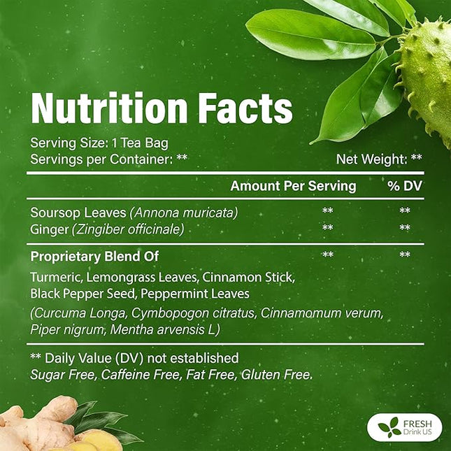 FreshDrinkUS, Super Soursop Herbal Tea – 60 Tea Bags | Soursop, Ginger, Turmeric, Lemongrass, Cinnamon, Black Pepper & Peppermint | Caffeine-Free, Natural Flavor, Plant-Based Blend | Sugar-Free
