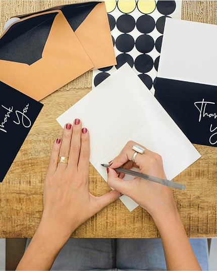VNS Creations Thank You Cards With Envelopes Bulk Set & Stickers - 100 Pack 4x6 Blank Thank You Notes Bulk Box Set - Large Note Card Small Business, Wedding, Baby Shower & Bridal Shower - Black