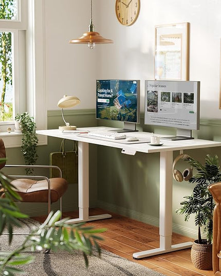 INNOVAR Electric Standing Desk, Adjustable Height Stand up Desks, 55 x 24 Inches Sit Stand up Desk for Home Office Computing, 3-Preset Memory Height Ergonomic Rising Desks, White