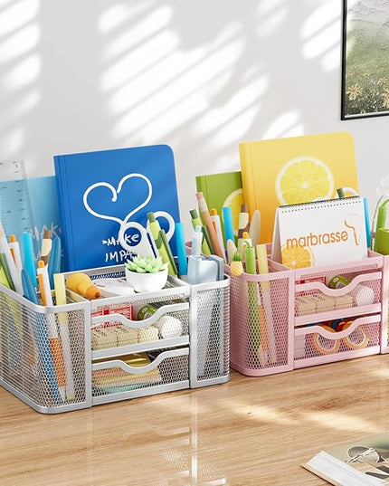 Marbrasse Mesh Desk Organizer, Pen Organizer with 2 Drawer, Multi-Functional Pencil Holder, Desk Organizers and Accessories with 5 Compartments + Drawer for Office Art Supplies (Pink)