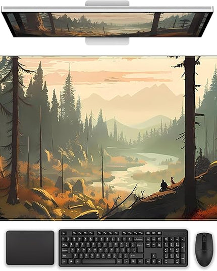 Desk Mat Gaming Desk Pad Valleys, Forest Mouse Pad XXL Extended Large Mouse and Keyboard Mat, Computer Desktop Mat with Non-Slip Base & Stitched Edges, Aesthetic Nature Desk Decor 31.5" x 15.7"