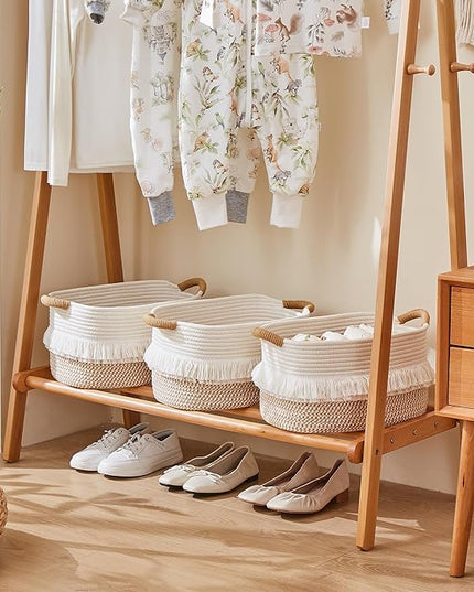 Storage Bins Woven Baskets for Storage Set of 3, Cotton Rope Basket with Handles for Toys/Shelves/Laundry, Rectangle Multi-Purpose Organizer for Living Room, Bedroom, Nursery (White/Brown)