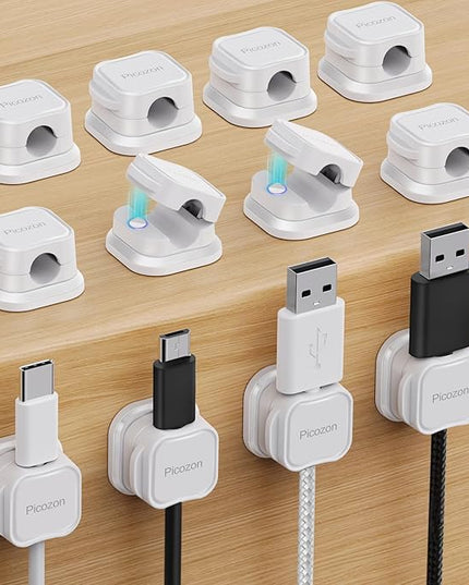 12 Pack Magnetic Cable Clip Organizer Cord Holder, Picozon Adhesive Cable Management, Wire Phone USB Charger Cable Holder, Keeper Organizer for Office Home Desktop Table - White
