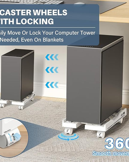 Adjustable Computer Tower Stand, Mobile PC Stand for Floor with 4 Locking Caster Wheels Fits Most PC, Under Desk CPU Holder for Office, Gamers and Students (White)