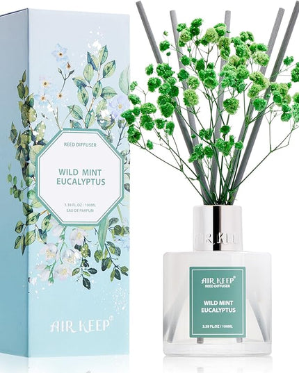 Airkeep Reed Diffuser Set,3.38 fl oz (100 ml) - Wild Mint&Eucalyptus Oil Diffusers with 8 Reed Sticks, Home Fragrance Reed Diffuser for Bathroom Shelf Decor