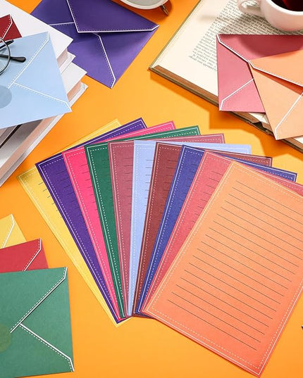 TaoBary 160 Packs Stationery Paper Set (50 Double Sided Stationery Writing Papers 50 Matching Envelopes) 60 Round Dot Sticker, 10 Design (Bright Color)